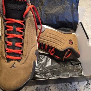 Jordan 14s Men's Tan and Black Sneakers with Red Accents